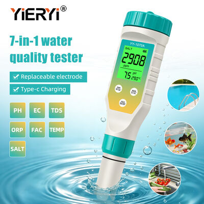 7-in-1 Water Quality Test Pen, pH Salinity ORP TDS EC FAC TEMP, Simultaneous Green Backlight Display, Rechargeable