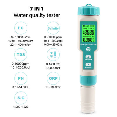 7 - in - 1 Water Quality Tester - EC/Salinity/TDS/Temp/pH/ORP/S.G Meter for Aquaculture, Home & Lab