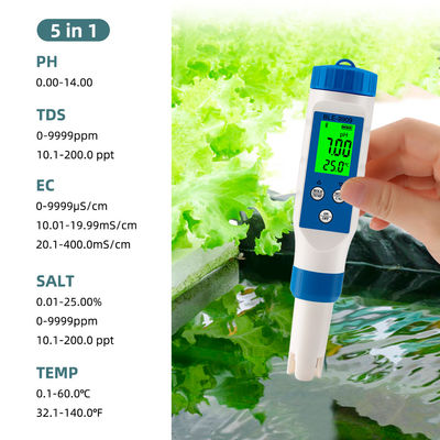 Smart 5 - in - 1 Bluetooth Water Quality Tester - pH/TDS/EC/Salt/Temp Meter for Home, Aquaculture & Hydroponics
