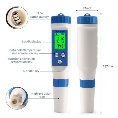 Smart 5 - in - 1 Bluetooth Water Quality Tester - pH/TDS/EC/Salt/Temp Meter for Home, Aquaculture & Hydroponics
