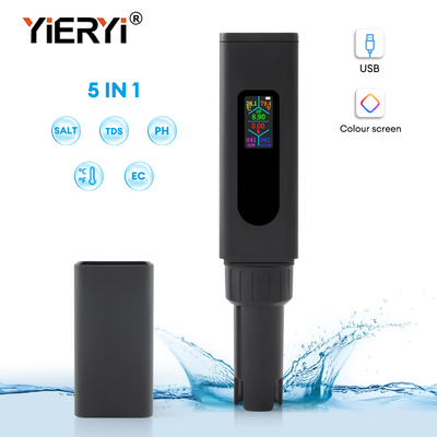 New USB Rechargeable 5-in-1 Water Quality Meter – Color Screen TDS, Salt, EC, pH, Temperature Tester