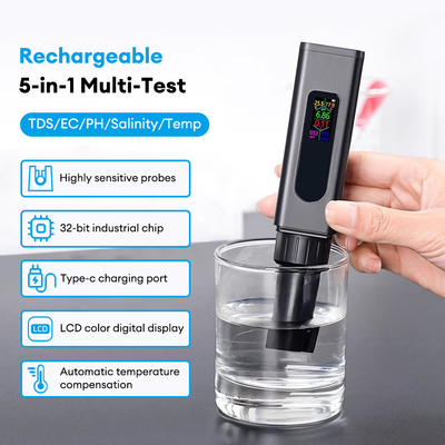 New USB Rechargeable 5-in-1 Water Quality Meter – Color Screen TDS, Salt, EC, pH, Temperature Tester