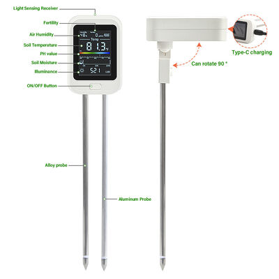 6-in-1 Soil Tester with LED Display USB Type-C Rechargeable and Rotatable LCD Screen for Gardening and Farming