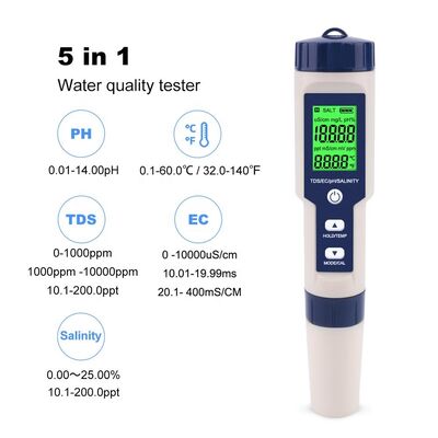 5 in 1 Digital Water Quality Tester with IP67 Waterproof Rating and Detachable High-sensitivity Electrode for Accurate pH EC TDS Salinity and Temperature Measurement
