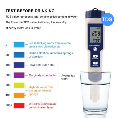 5 in 1 Functionality Digital Water Tester with IP67 Waterproof and Automatic Temperature Compensation for Pools and Aquariums