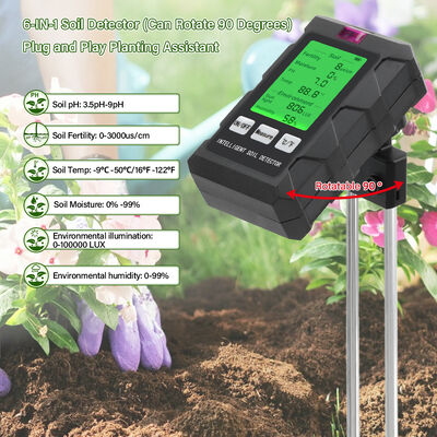 YiERYi 6-IN-1 Soil Detector 3.5-9pH/0-99% Moisture/0-3000μs/cm Fertility 90° Rotatable Screen