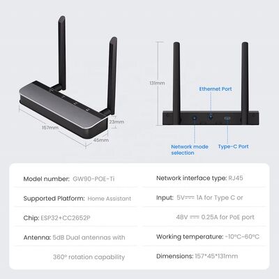 YIERYI Zigbee 3.0 PoE Dongle Gateway Hub for Home Assistant Zigbee2 MQTT ESP32+CC2652P Dual 5dBi Antennas Type-C/PoE Powered