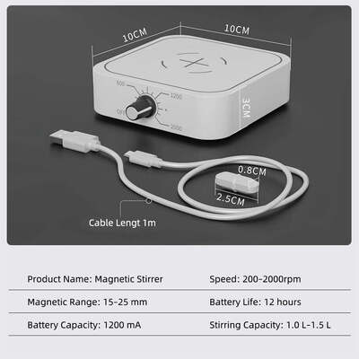 Mini Magnetic Stirrer, USB‑Charged Portable Liquid Mixer, Adjustable Speed 200‑2000 RPM, 1.0‑1.5L Capacity, Low‑Voltage Lab Magnetic Mixing Equipment