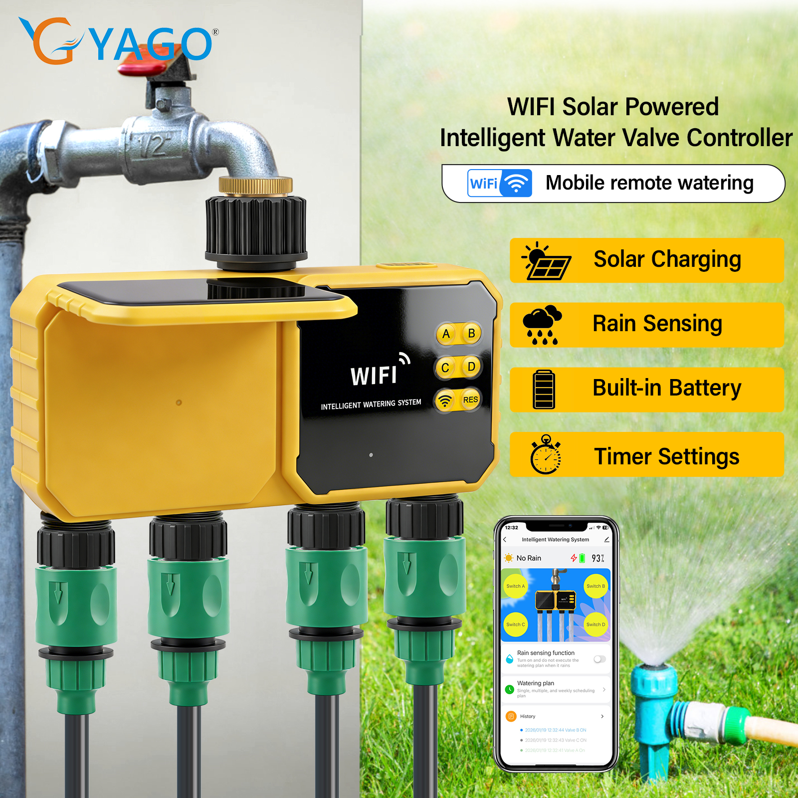 Solar WiFi 4-Zone Smart Irrigation Timer with Rain Sensor