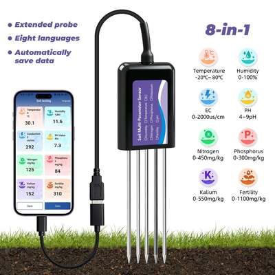 Upgraded USB‑C Connected Soil Tester with EC Temperature‑Humidity PH Fertility and N‑P‑K Data Storage Function